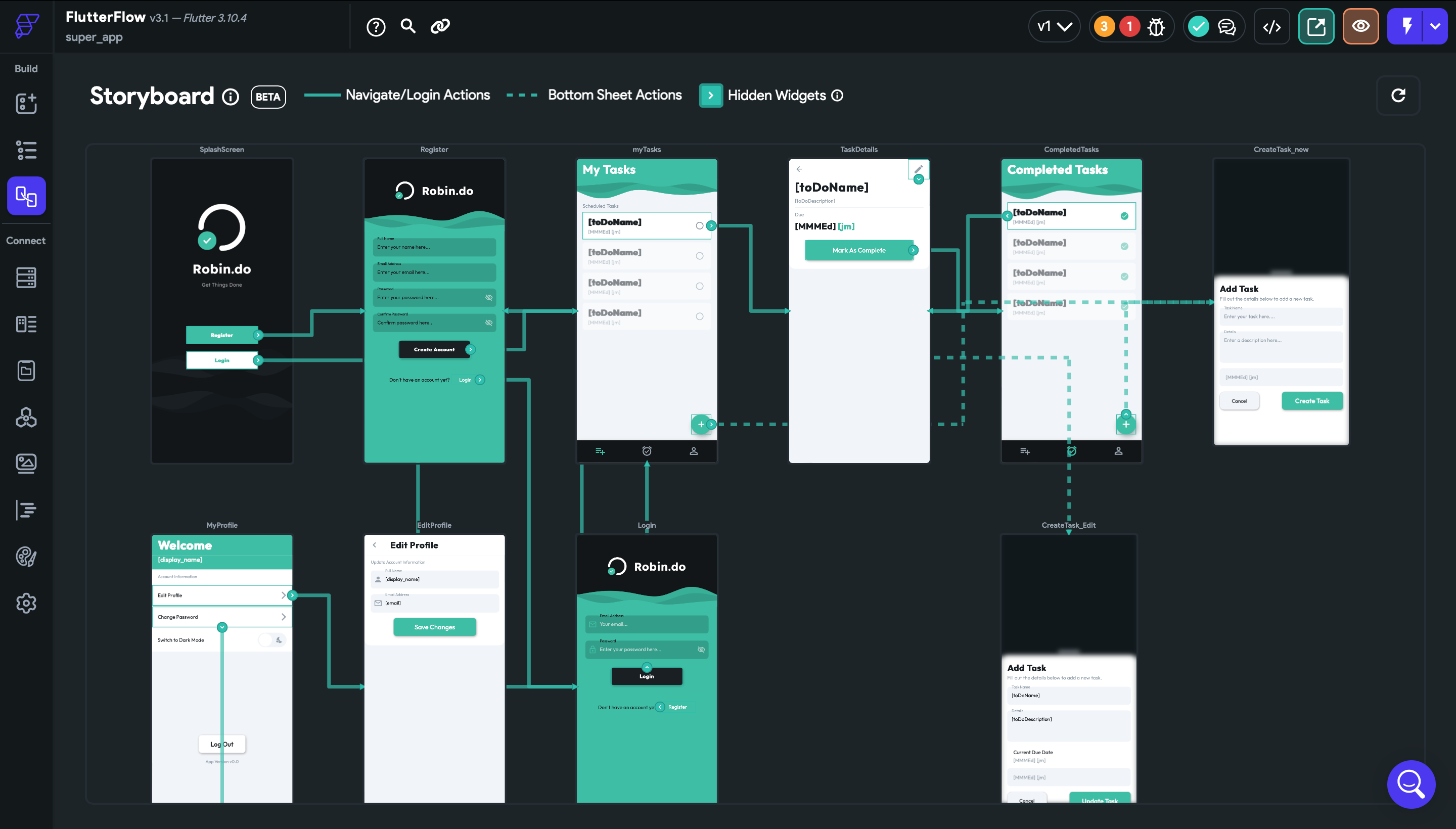 После создания экранов можно добавить переходы между ними. Схема переходов во FlutterFlow настраивается с помощью стрелок. Нажатие по каждой кнопке вызывает переход к другому виду или экрану