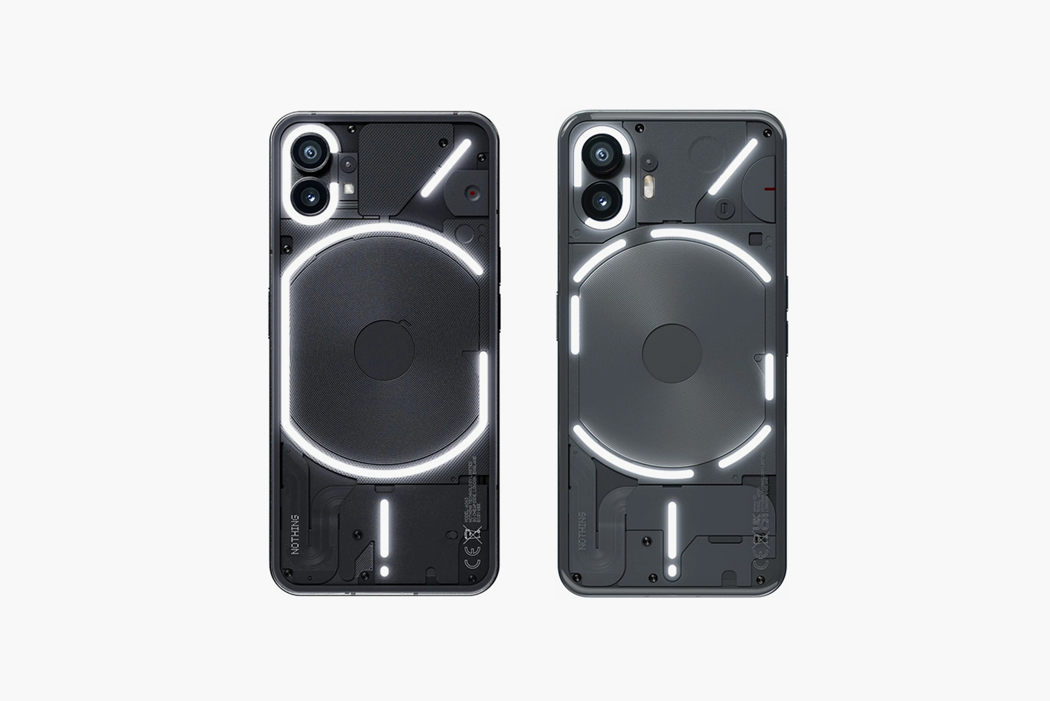 Задние панели у Nothing Phone (1) и (2) выглядят похоже. Но присмотревшись, можно заметить различия. Слева — первое поколение, справа — новая модель