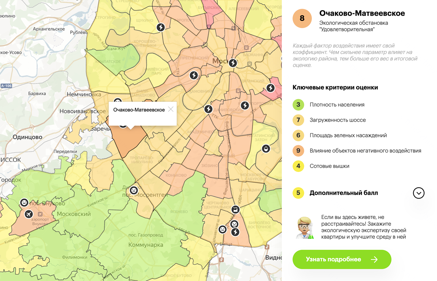 С точки зрения экологии Очаково-Матвеевское — не слишком благоприятный район для жизни. Источник: «Экостандарт»