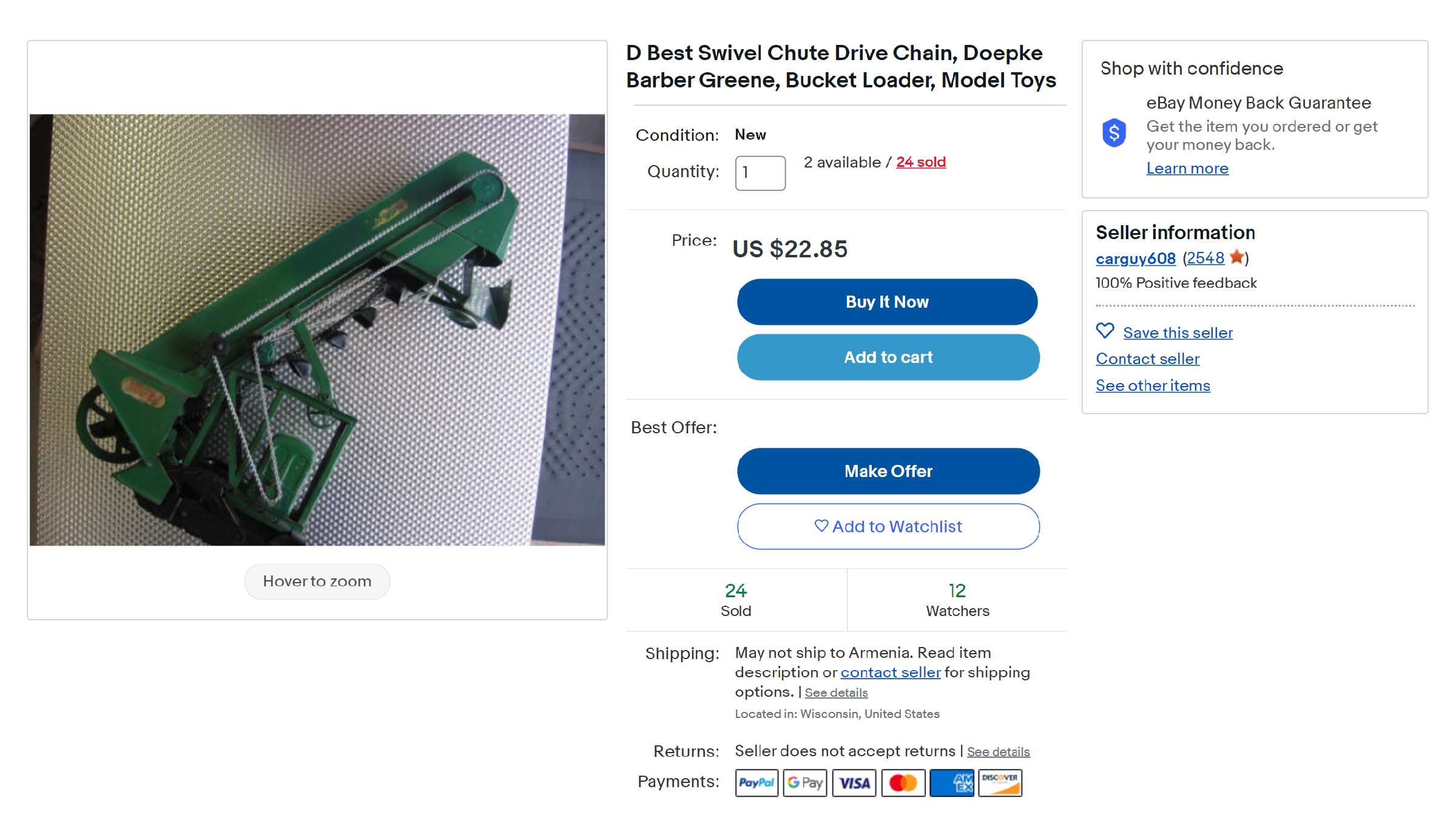 На этом фото — игрушечный погрузчик, и цена лота очень маленькая. Многие хотели бы его купить, но в заголовке указано, что продается только приводная цепь. Будет обидно, если кто⁠-⁠то купит лот и будет ждать, что ему пришлют целый погрузчик. Источник: ebay.com