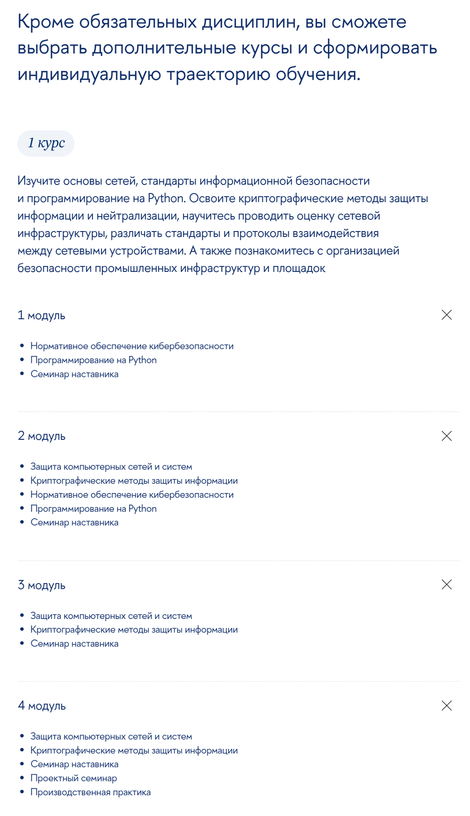 Программа первого курса на «Кибербезопасности» состоит из четырех модулей. © online.hse.ru