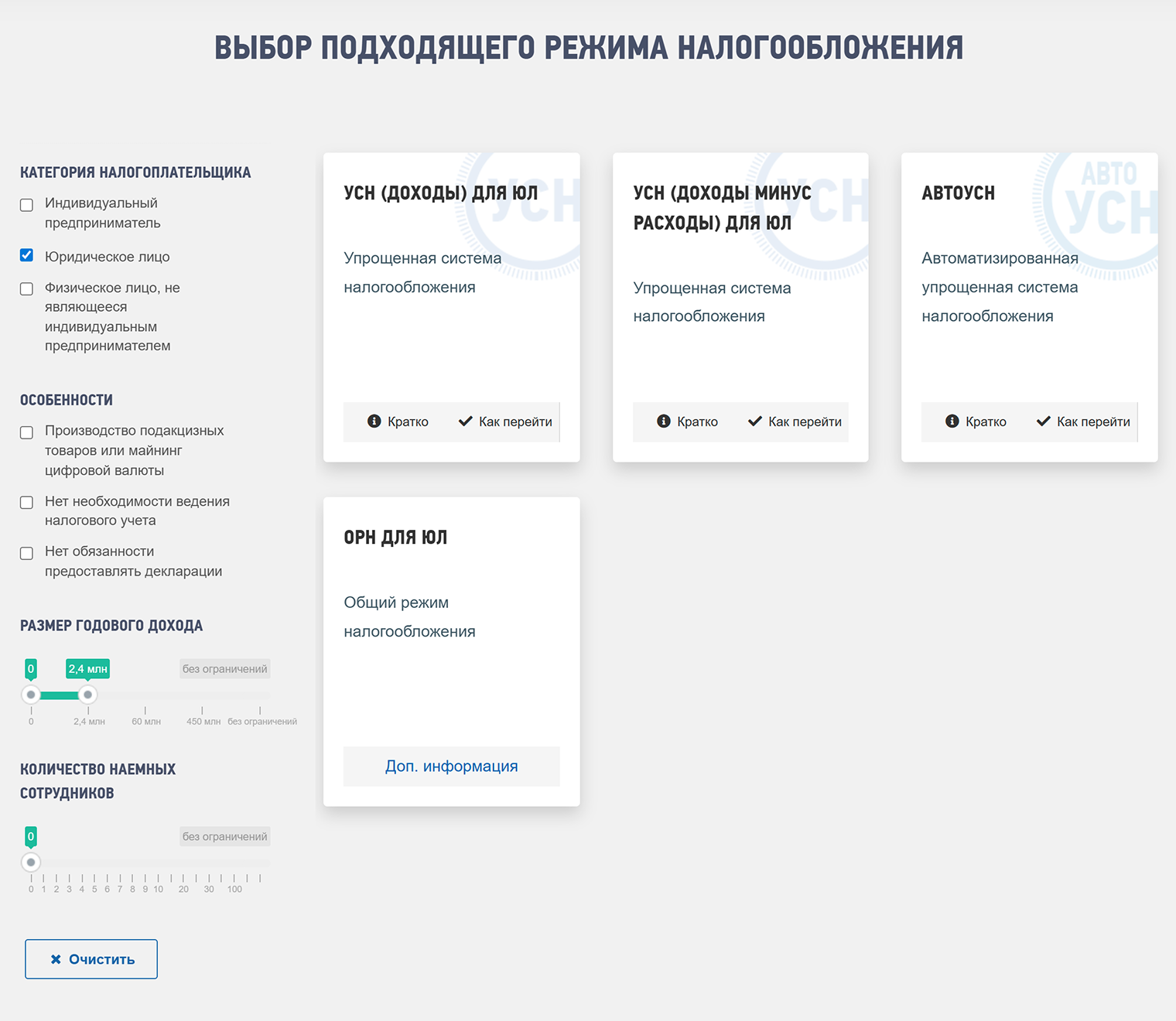 Ответьте на вопросы, и калькулятор посчитает, сколько вы должны заплатить налогов на разных системах налогообложения