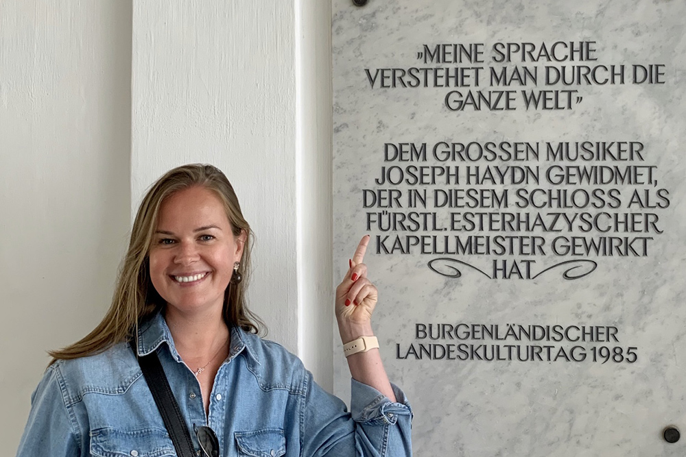 Это табличка при замке Эстерхази в городе Айзенштадт. На ней написано «Мой язык понимается во всем мире». Надпись посвящена австрийскому композитору Йозефу Гайдну, который там работал дирижером