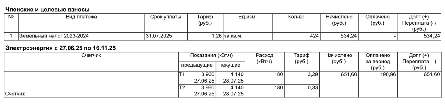 Счет, который я получила от СНТ