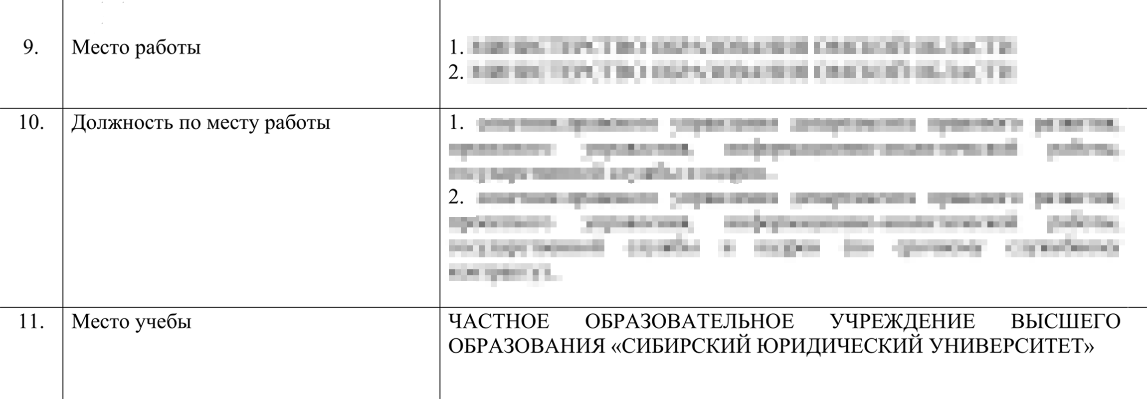 На второй странице — место работы, должность и учебное заведение, где молодой человек сейчас учится