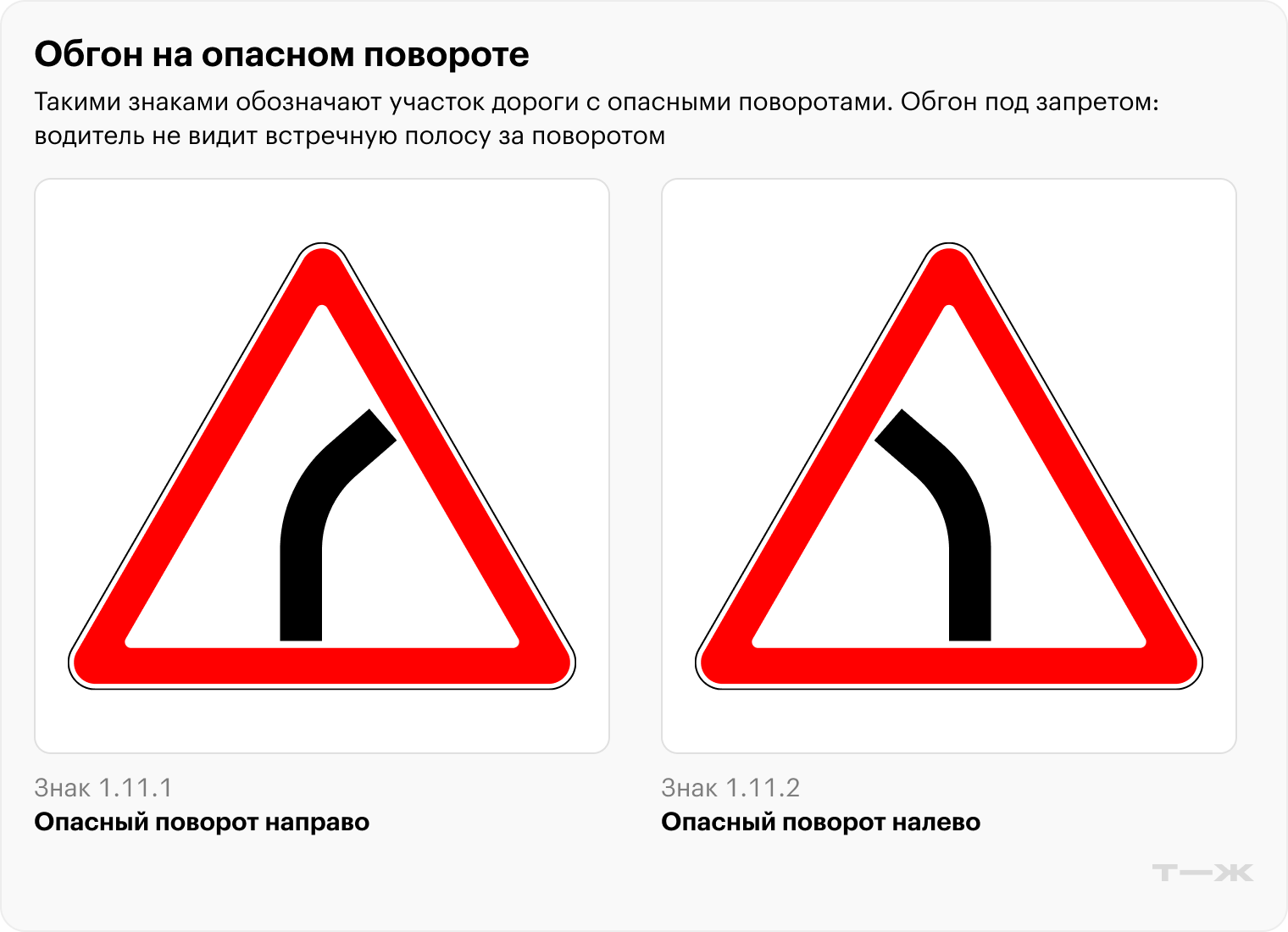 Знаки 1.11.1 Опасный поворот направо и 1.11.2 Опасный поворот налево