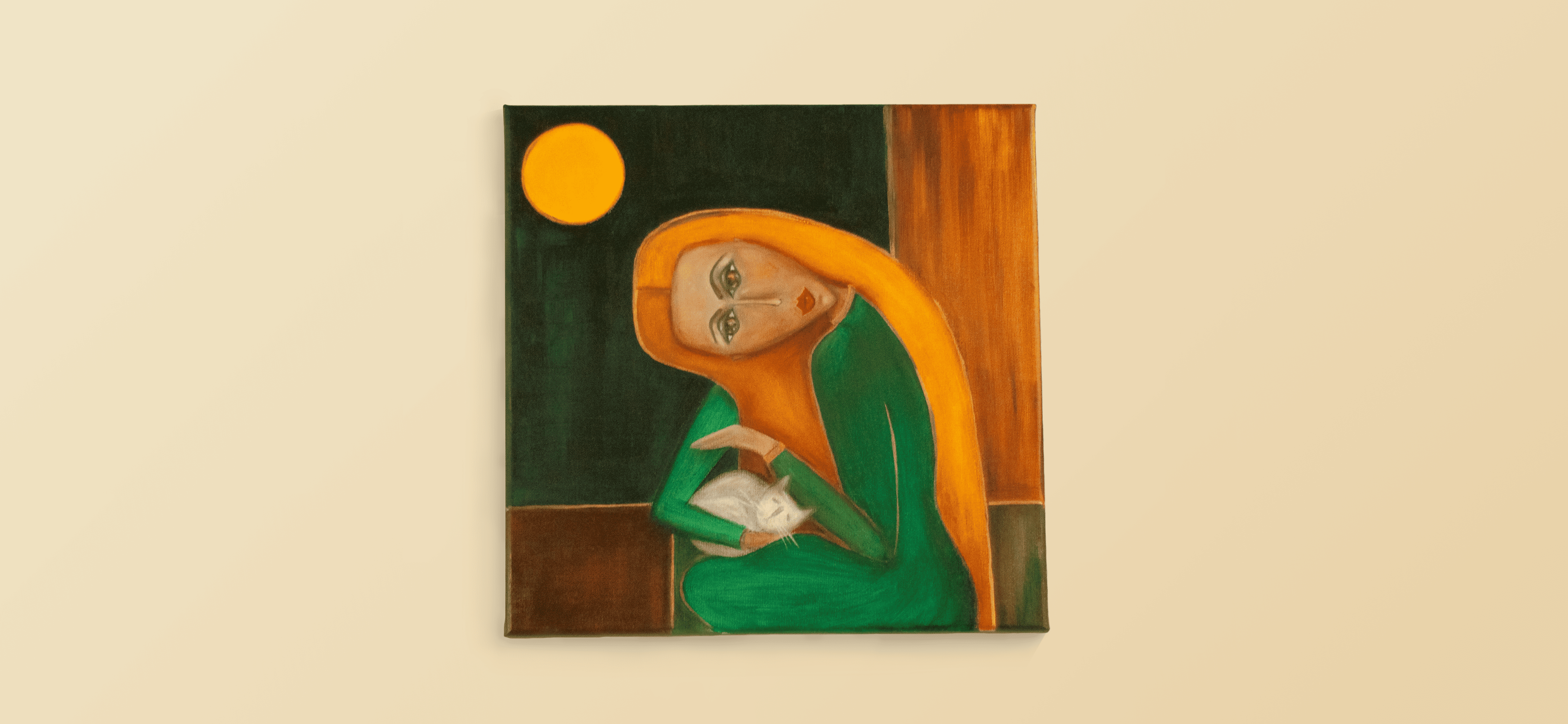 Мой рисунок: девушка с котом на холсте в смешанной технике