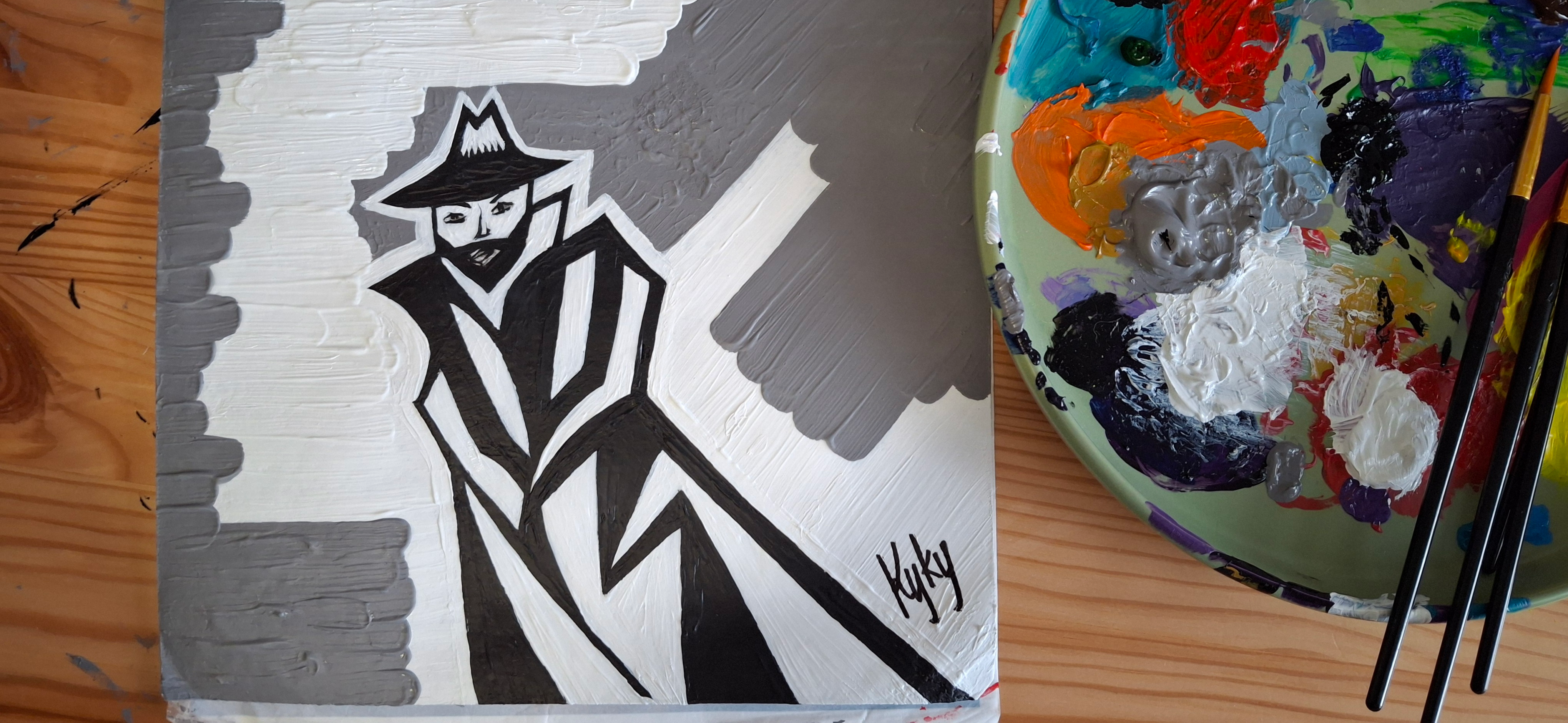 Мой рисунок: мужчина в пальто и шляпе акварелью на бумаге