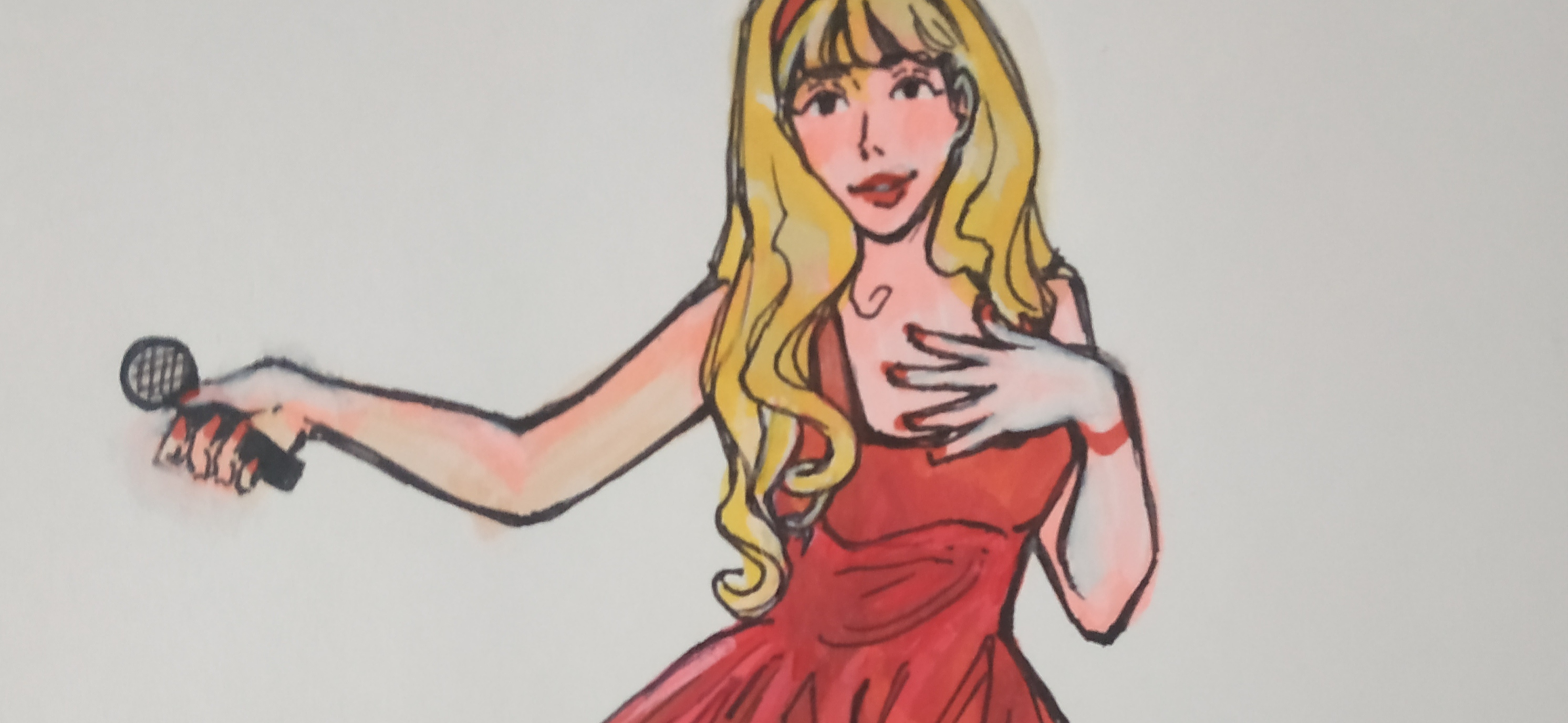 Мой рисунок: певица в красном платье маркерами