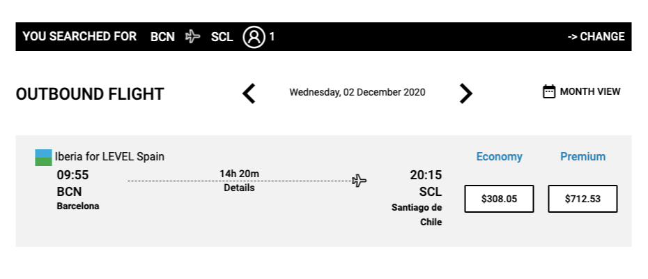 Перелет из Барселоны в Сантьяго лоукостером «Левел» на начало декабря стоит 305 $ (21 071 ₽)