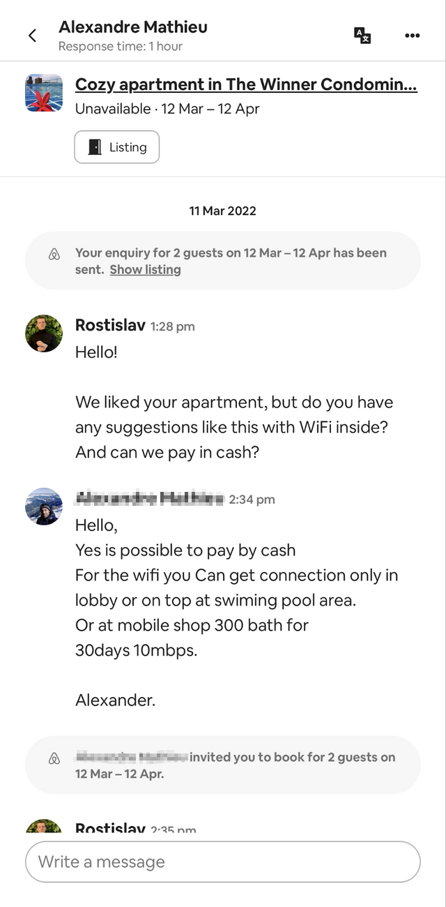 Переписка с агентом из Airbnb