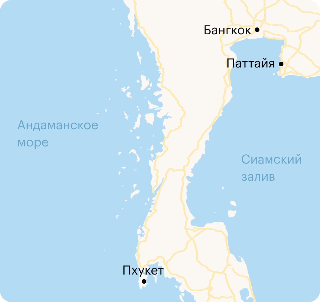 Карта Таиланда с основными местами, где любят селиться иностранцы: Бангкок, Пхукет и Паттайя