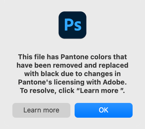 Уведомление, которое появляется при попытке открыть файл с цветом Pantone. Источник: twitter-аккаунт Iain Anderson