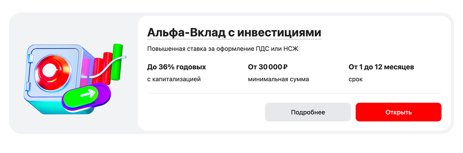 «Альфа-банк» готов предложить ставку по «Альфа-вкладу» до 36% годовых для новых участников ПДС. © alfabank.ru