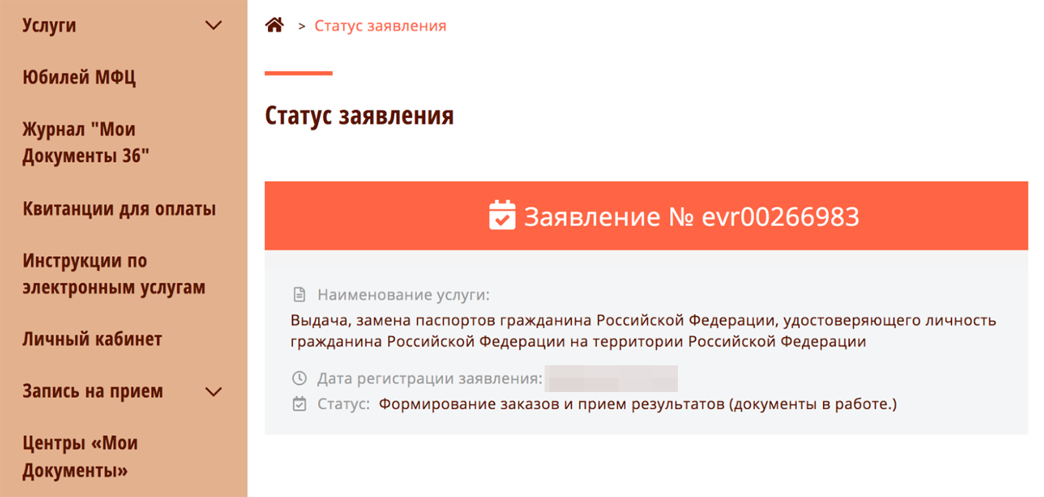 Так выглядит проверка статуса заявления на портале регионального МФЦ