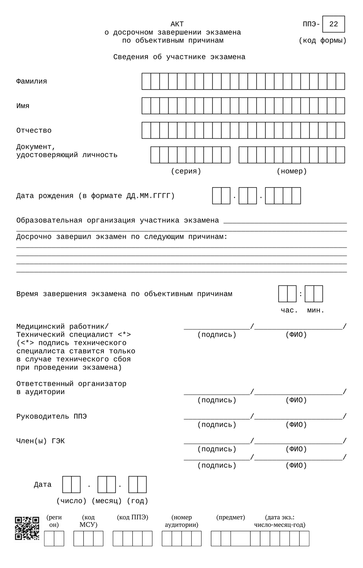 Форма акта о досрочном завершении ЕГЭ. Источник: письмо Рособрнадзора от 22.01.2025 № 04-15
