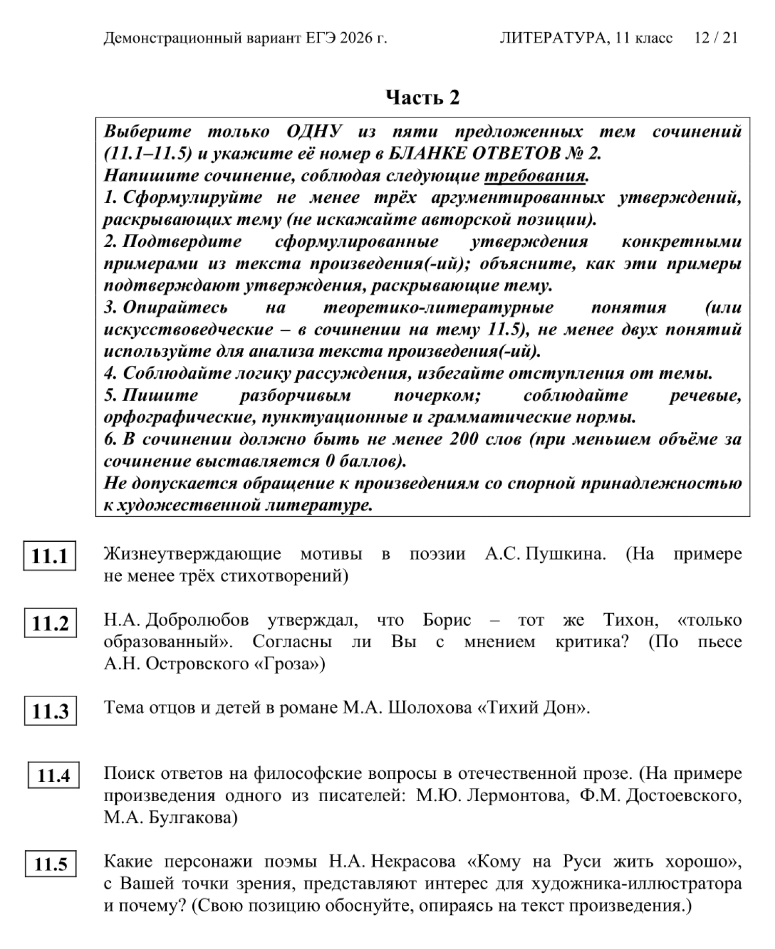 Темы для сочинений ЕГЭ по литературе из демоверсии 2026 года. Из них нужно выбрать одну. © fipi.ru