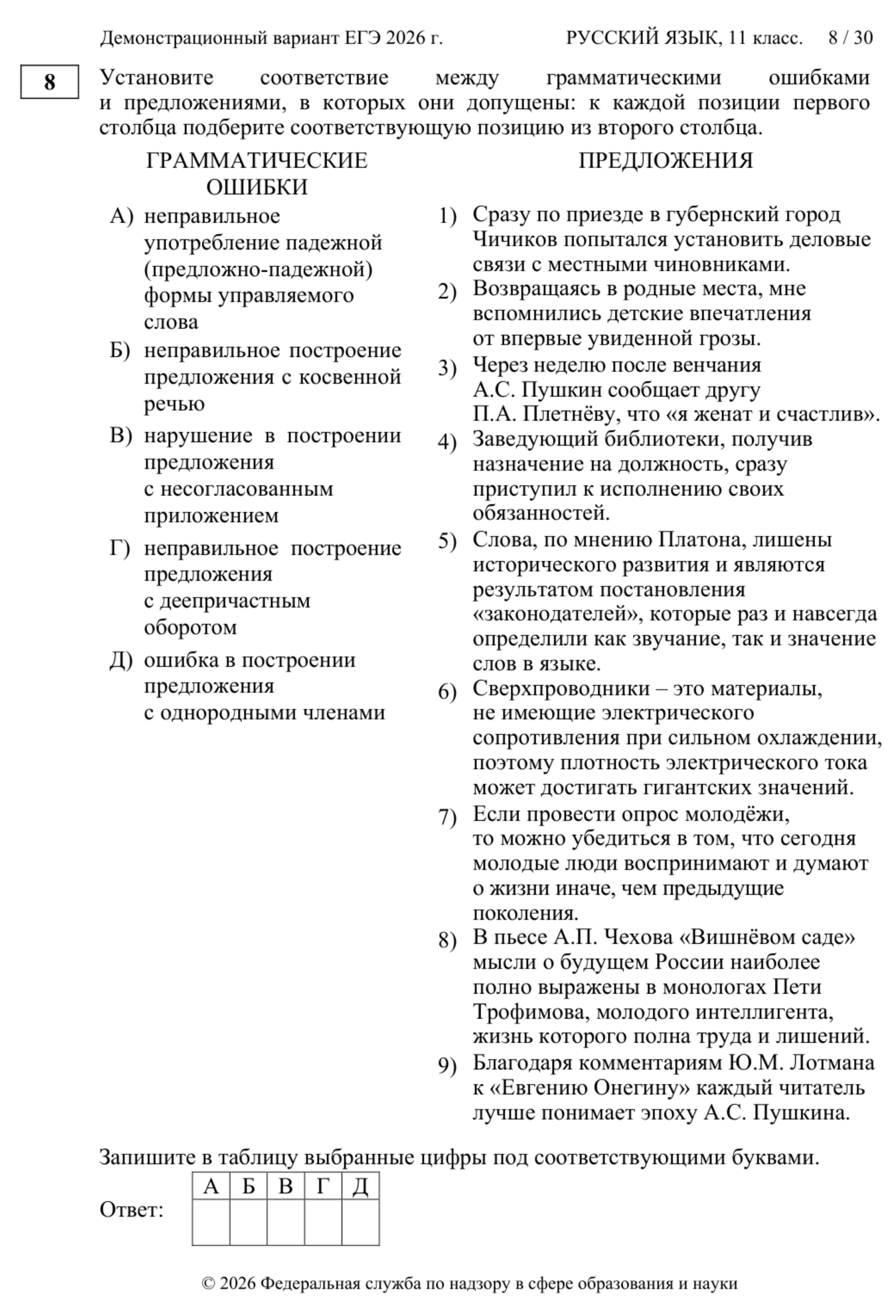 В вопросе № 8 надо найти соответствия между грамматическими ошибками и предложениями. За него можно получить два балла. © fipi.ru