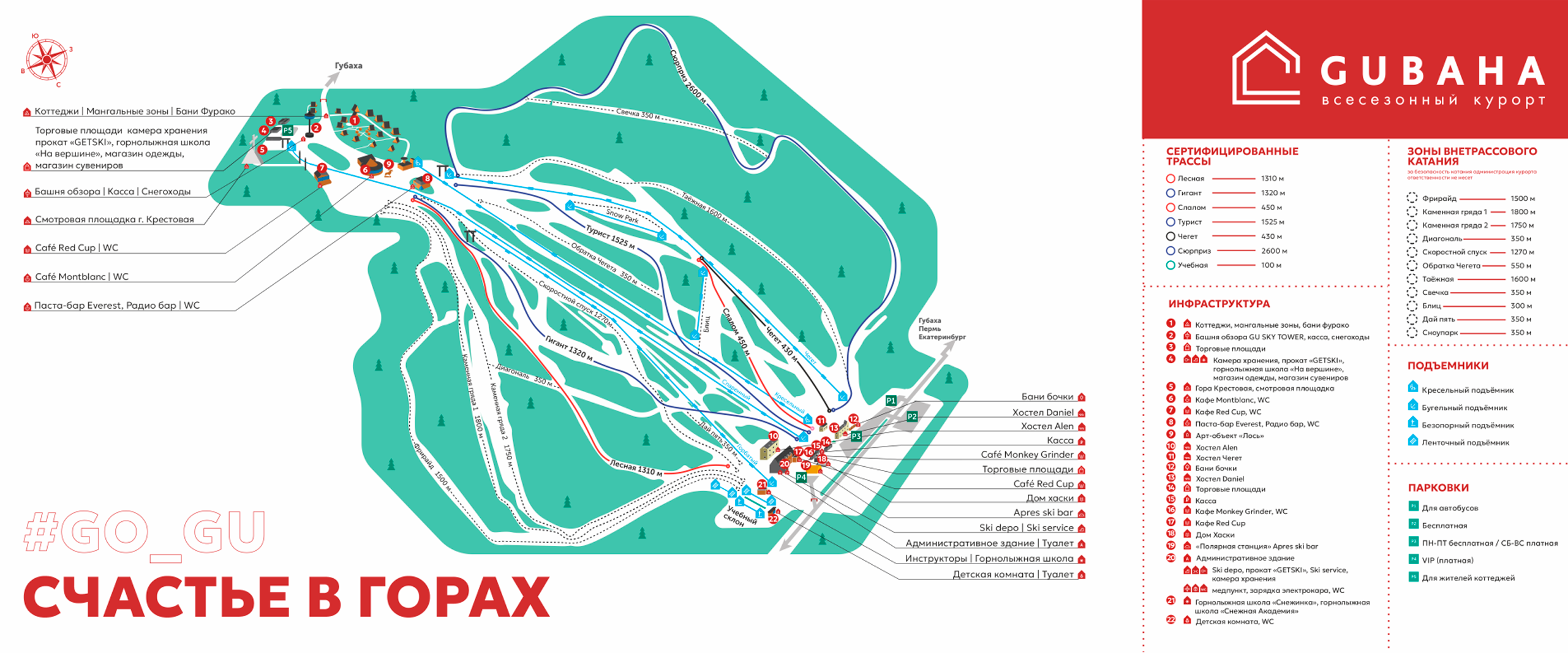 Общая длина трасс «Губахи» — 18 км, перепад высот — до 310 метров. © go-gu.ru