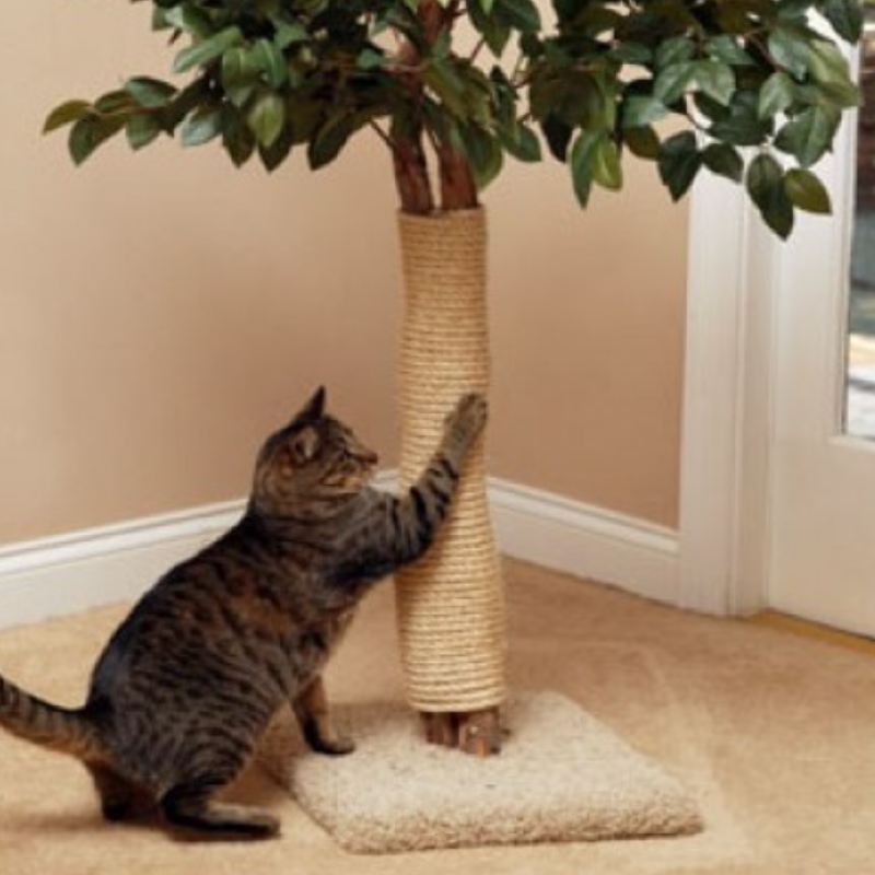 В интернете я видела еще такое решение. Если у вас дома стоит большое искусственное дерево, можно обмотать его джутом. Но это не очень практично, потому что декор быстро потеряет вид, а кот может повредить дерево. Источник: livemaster.ru