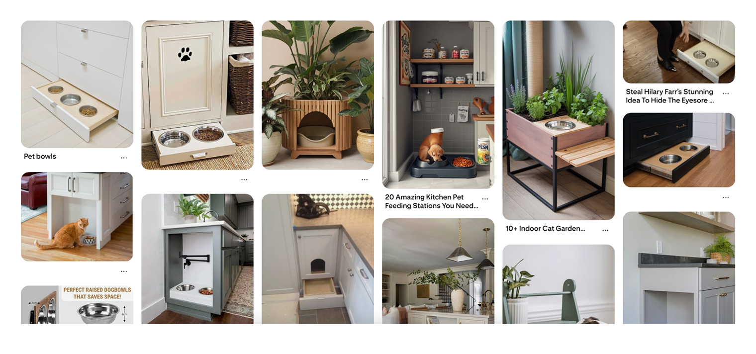 Миски можно спрятать под шкаф в выдвижной ящик или спроектировать в боковом отсеке кухни. Источник: pinterest.com