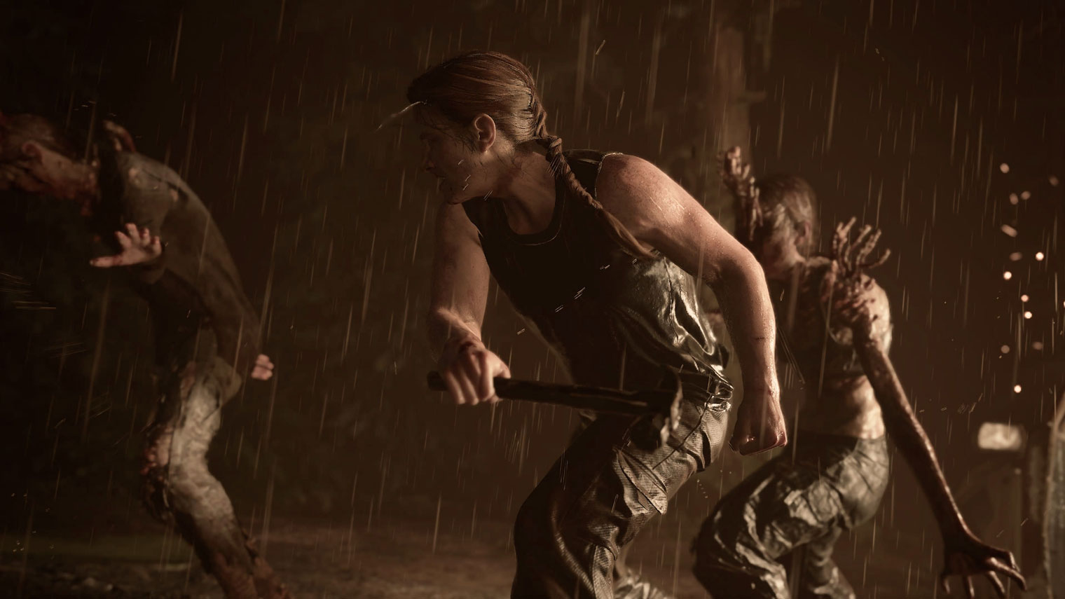 Выделить героя можно с помощью света, уведя противников в тень. Здесь динамики добавляют косые струи дождя и искры на заднем плане. Кадр: Sony Interactive Entertainment / The Last of Us Part 2