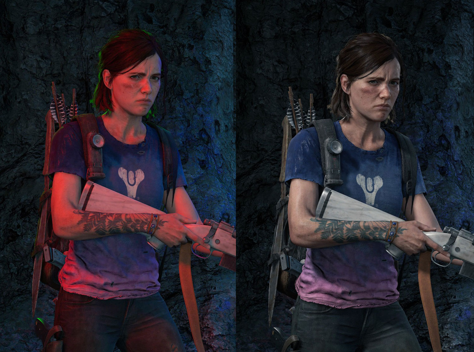 Источники света в The Last of Us: Part 2. Их положение не меняется, только цвет: на снимке слева все три лампы окрашены по⁠-⁠разному. Красная расположена спереди и создает основной свет. Синяя отвечает за мягкие тени на лице и левой руке. Зеленая отделяет фигуру от фона. Кадры: Sony Interactive Entertainment