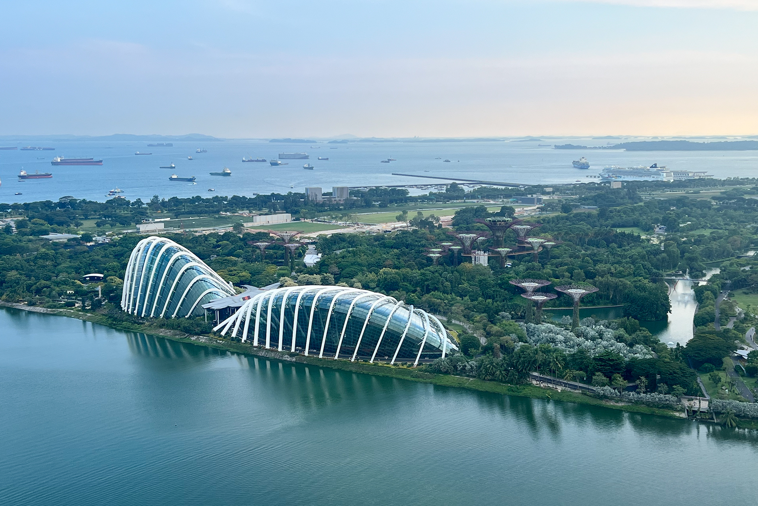 Вид на оранжереи и супердеревья в парке «Сады у залива» с колеса обозрения. Вдали большое количество судов. Порт Сингапура — один из крупнейших в мире