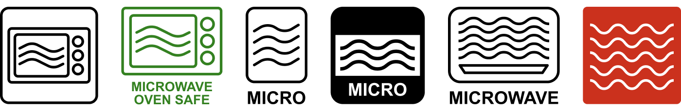Эти значки и надписи Microwave, MICRO говорят о том, что тара годится для разогревания еды в микроволновке