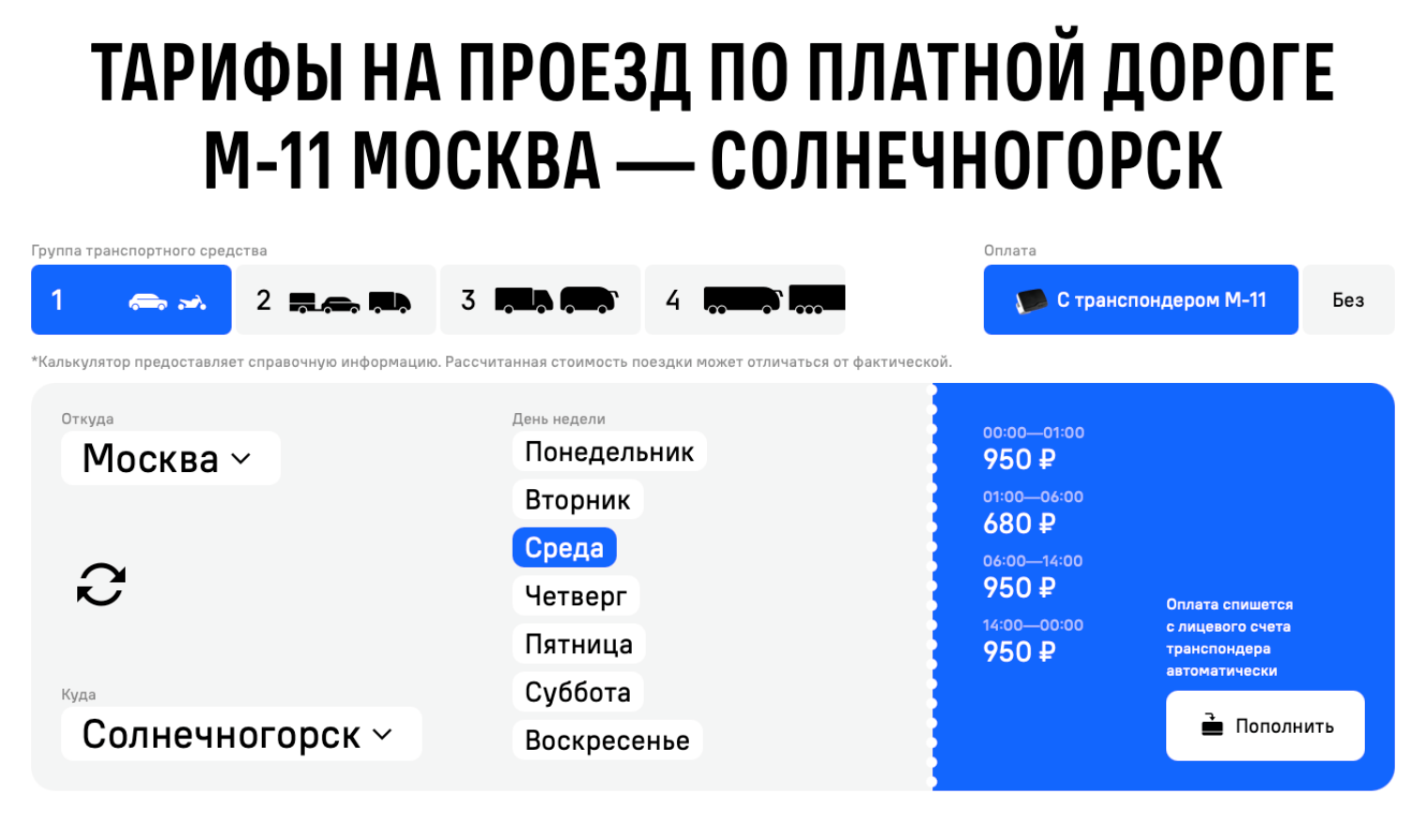 Расчет стоимости для участка с 15-го по 58-й км на трассе М11. Самый дешевый проезд — с 01:00 до 06:00. © m11-neva.ru