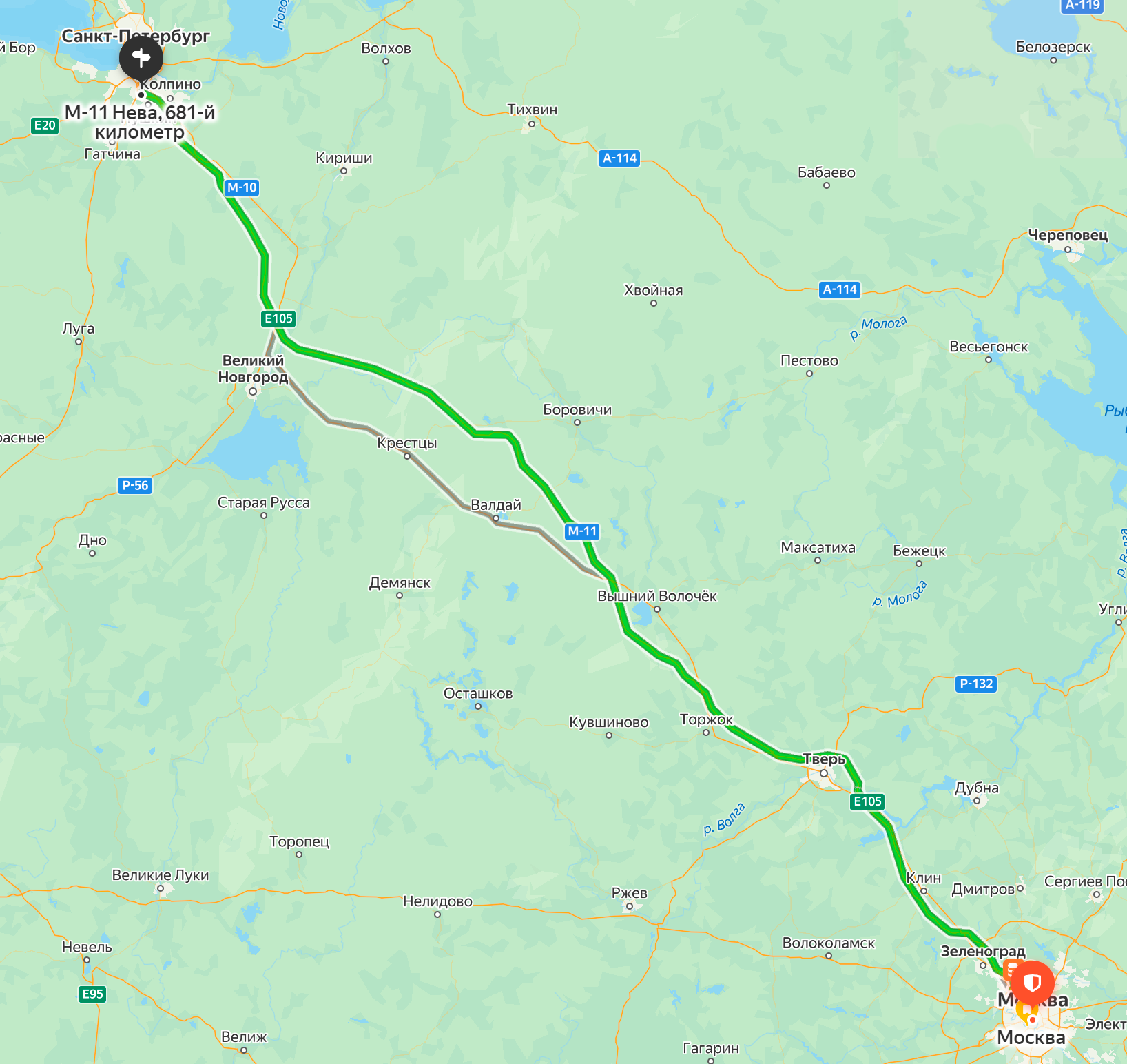 Протяженность трассы — 666 км, на ней есть два платных участка: с 15⁠-⁠го по 58⁠-⁠й км, с 58⁠-⁠го по 681⁠-⁠й км. Источник: «Яндекс Карты»