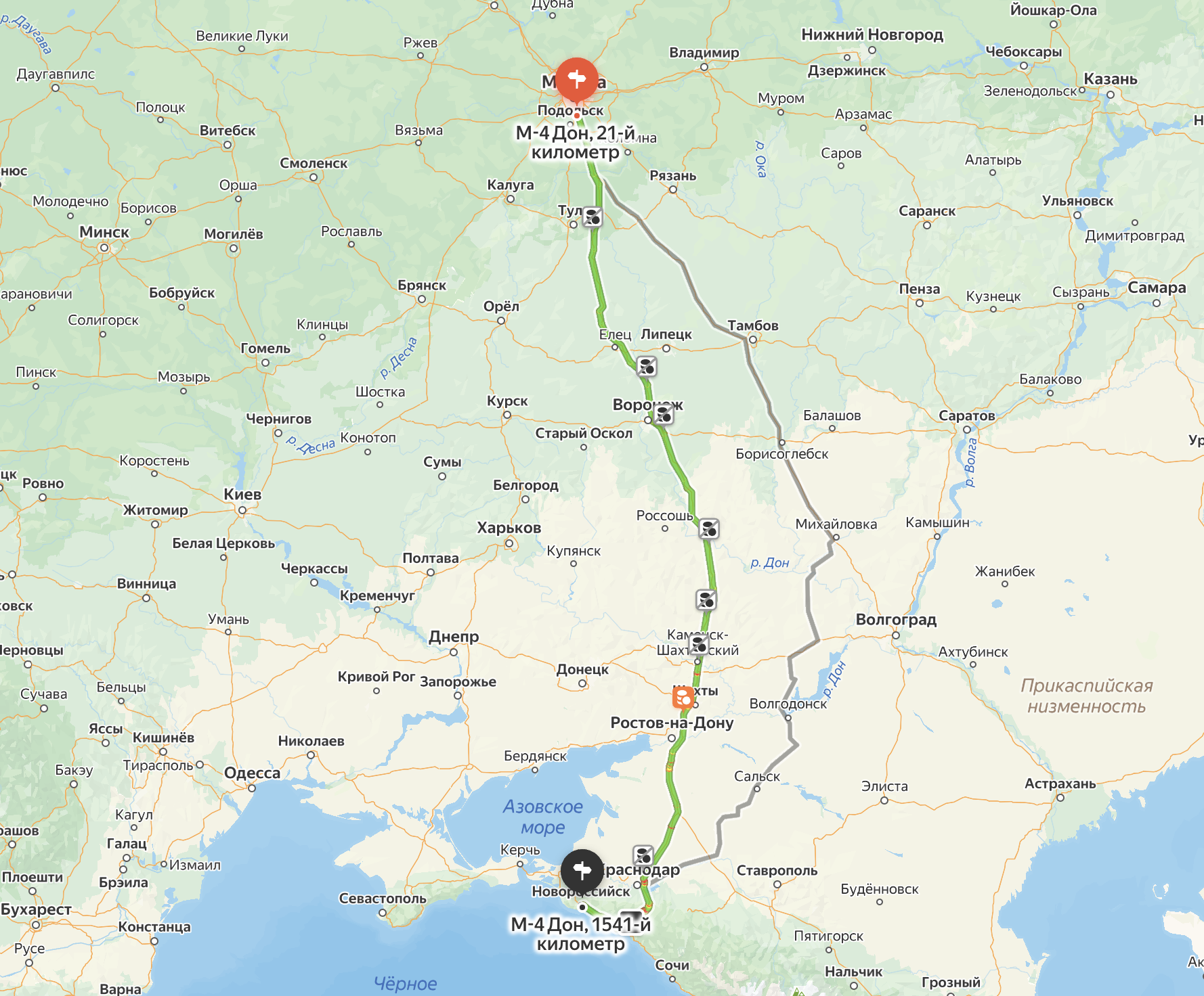 Длина трассы от Москвы до Новороссийска — 1542 км. Источник: «Яндекс Карты»