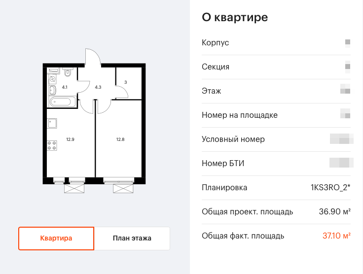 Из сведений в личном кабинете я узнал, что площадь квартиры на 0,2 м² больше. Источник: pik.ru