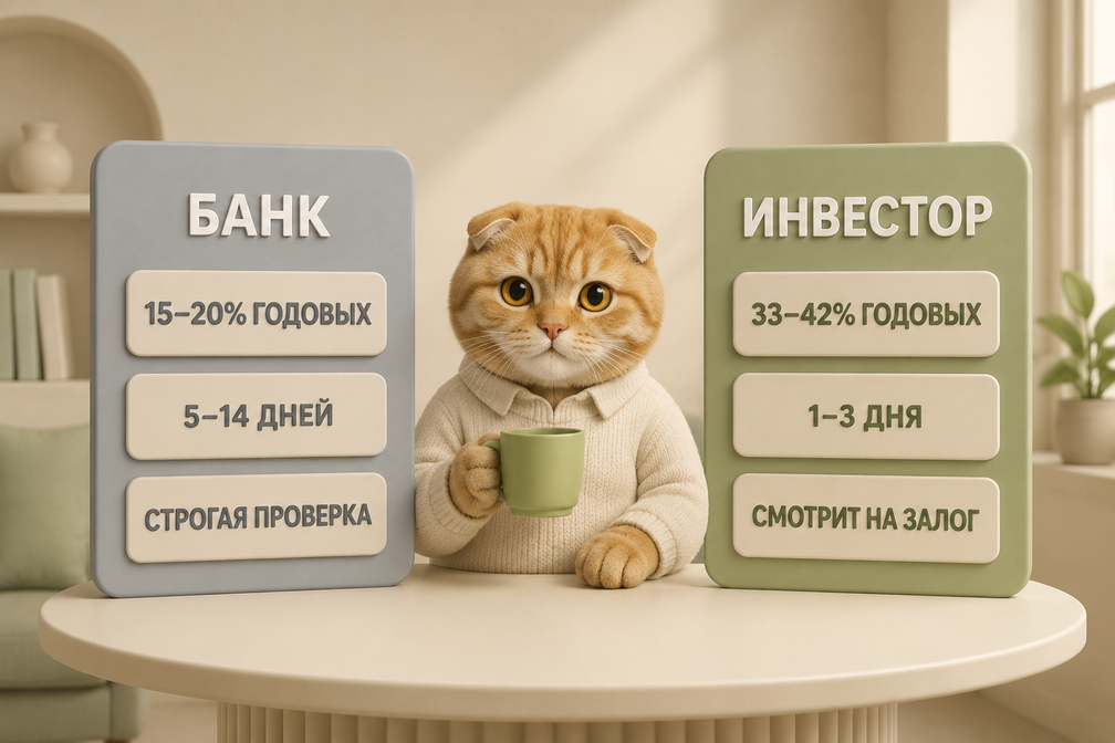 Банк дешевле, но медленнее и строже. Инвестор дороже, но быстрее и смотрит в первую очередь на залог, а не на справку о доходах.