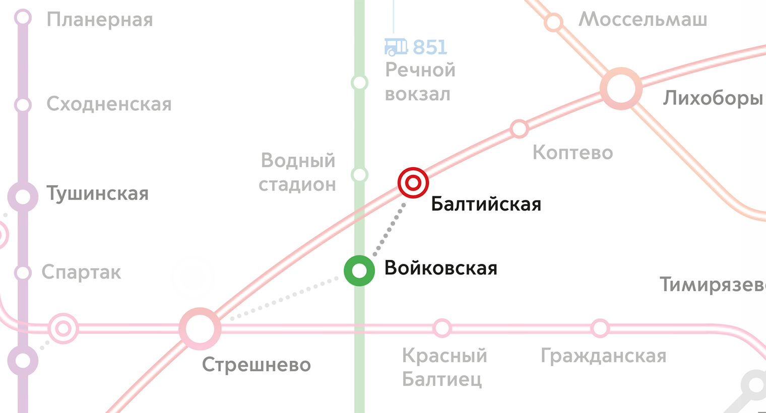 Переходы на МЦК обозначены точечными линиями. Но по схеме непонятно, какой они длины. Источник: «Московский транспорт»