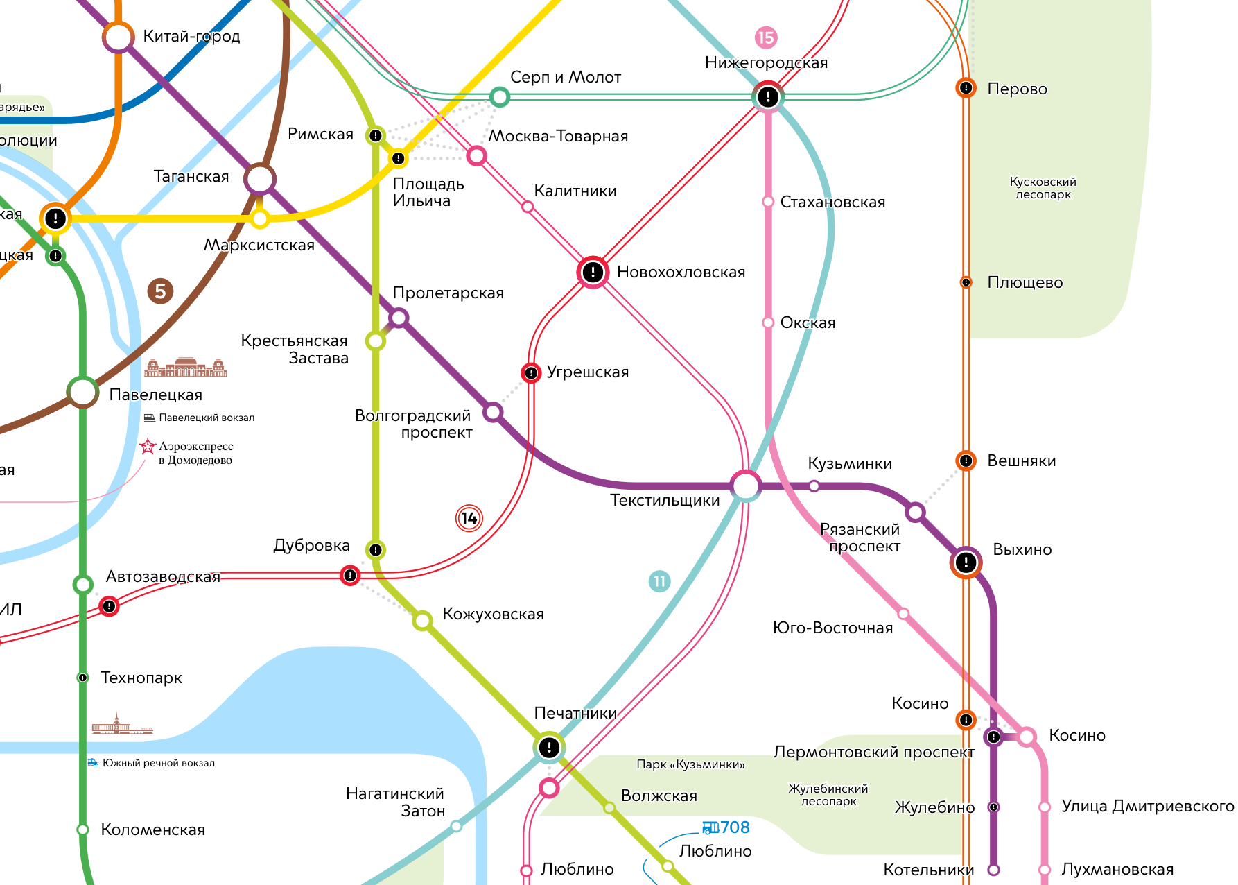 На схеме линии классического метро выглядят сплошными, без пустот. На линиях МЦК и МЦД они есть. © mosmetro.ru