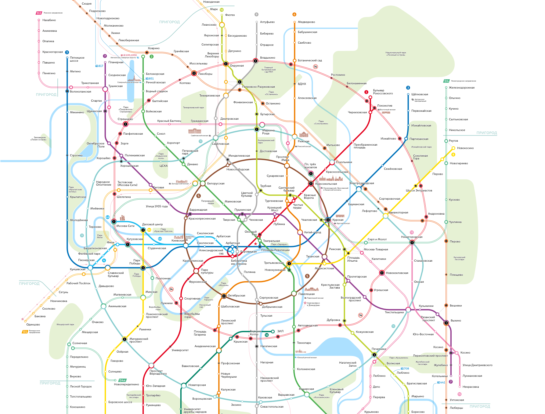 МЦК на схеме обозначено как тонкая полая линия бледно-розового цвета. Порядковый номер — 14. © mosmetro.ru