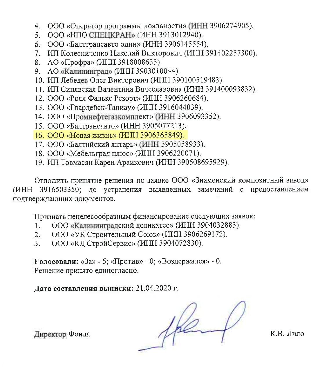 Выписка из протокола № 27/2020 заседания наблюдательного совета Фонда поддержки предпринимателей Калининграда. Трем компаниям отказали, одной пришлось подавать документы заново