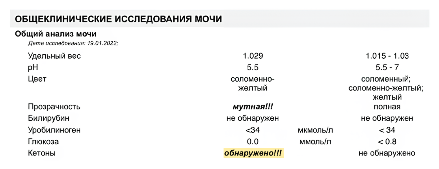 Результат анализа мочи, в котором нашли кетоны