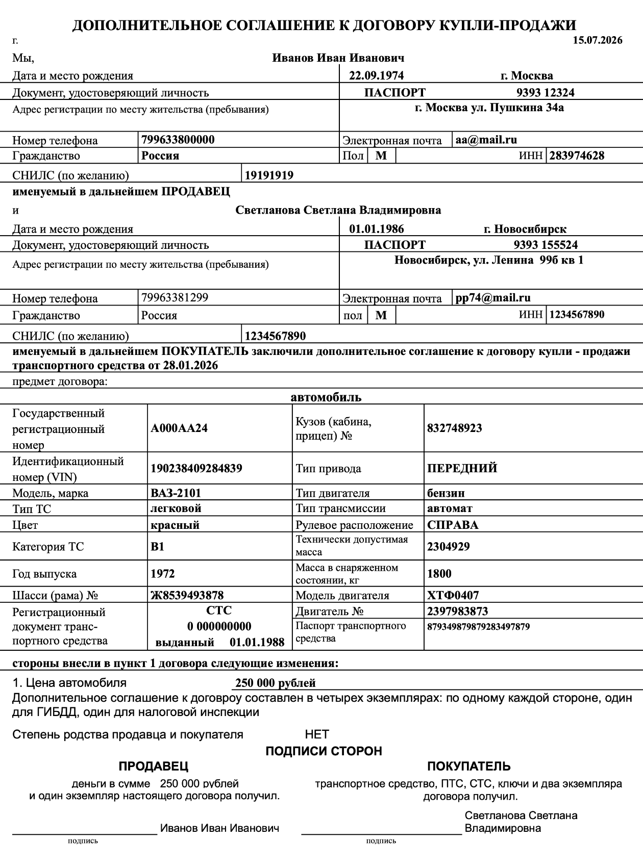 Так может выглядеть допсоглашение к договору купли-продажи автомобиля, где вы оговариваете изменение цены