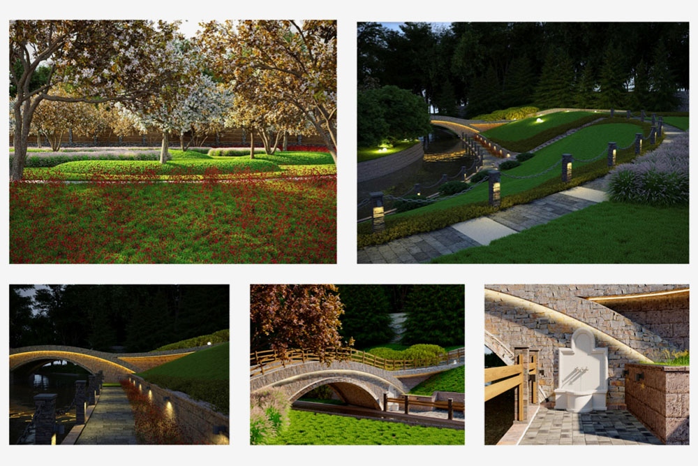 Визуализация проекта: яблоневый сад, дорожки и мосты