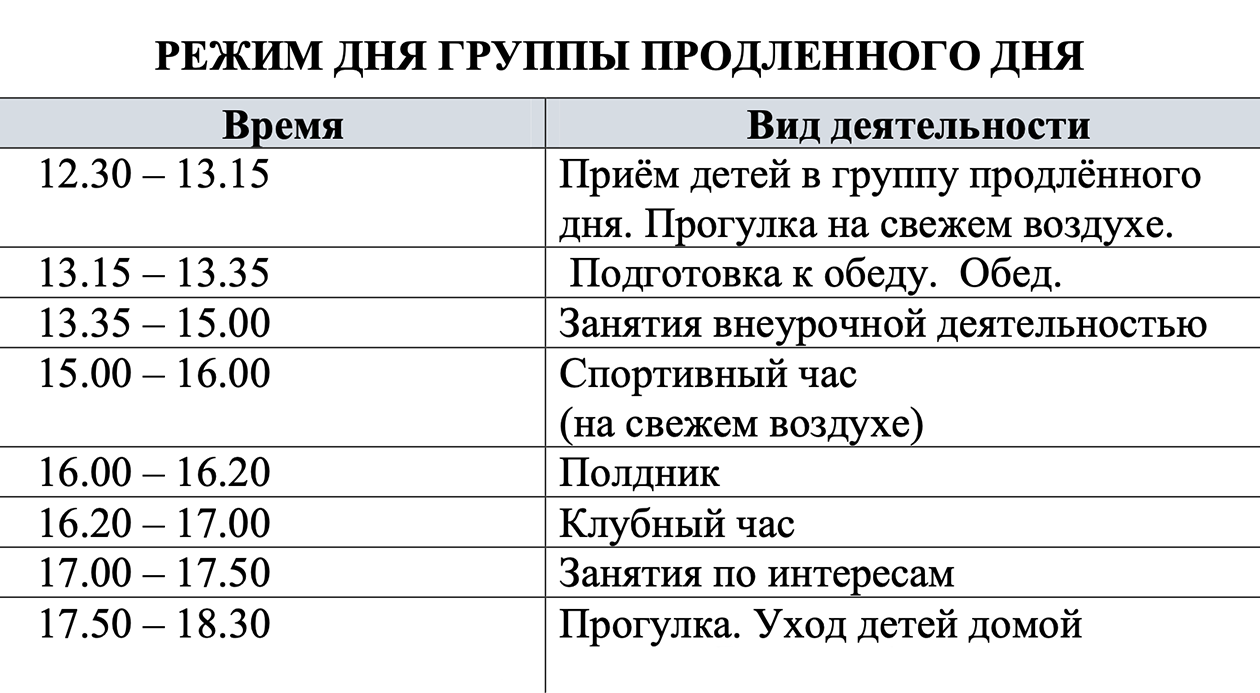 Такого режима придерживается ГПД школы № 4 имени П. И. Климука городского округа Щелково