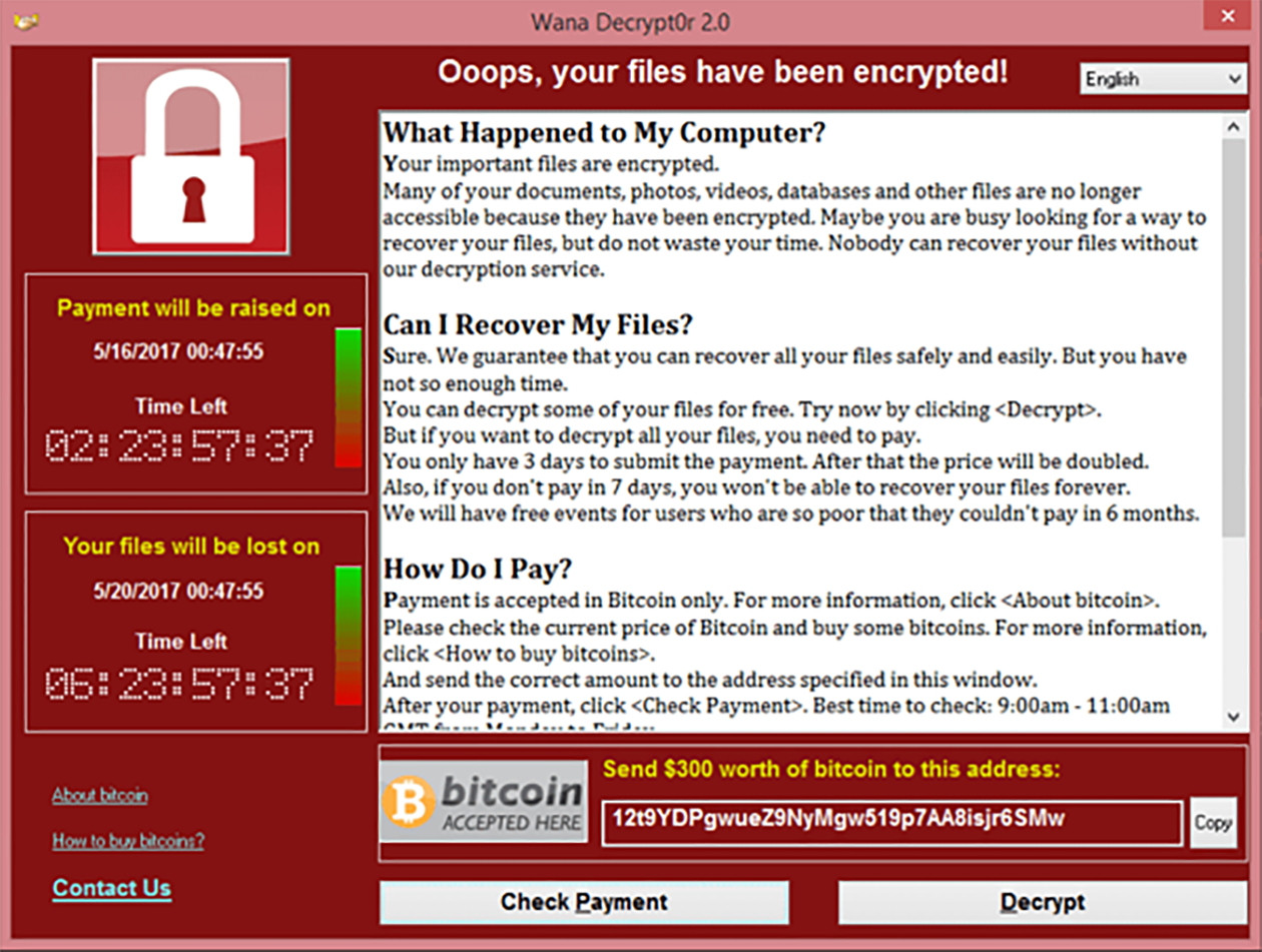 Сообщение от WannaCry на заблокированном компьютере. Источник: wikipedia.org