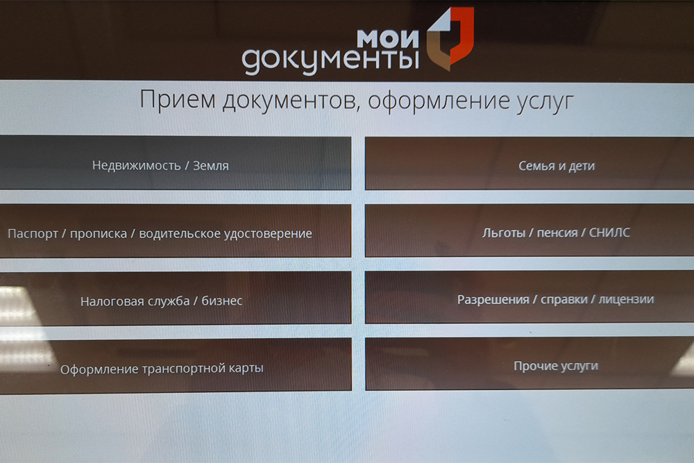 Интерфейс экрана записи в МФЦ может немного различаться в разных регионах. Например, в Тюменской области для этого нужно выбрать «Паспорт / прописка / водительское удостоверение»
