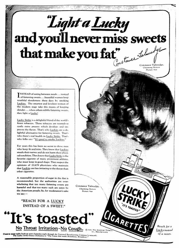 Реклама сигарет обещает женщине сладость, от которой не толстеют