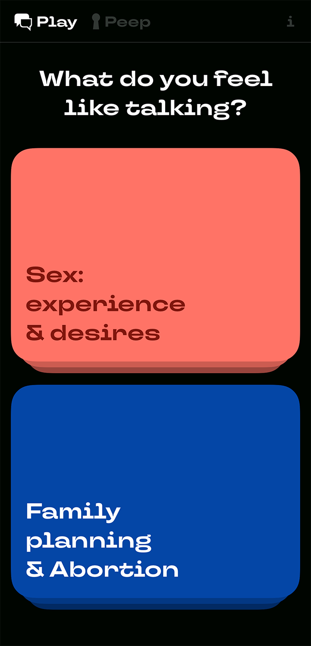 Это стартовое окно приложения. Здесь можно выбрать карточки: про секс и отношения или про планирование семьи и аборты