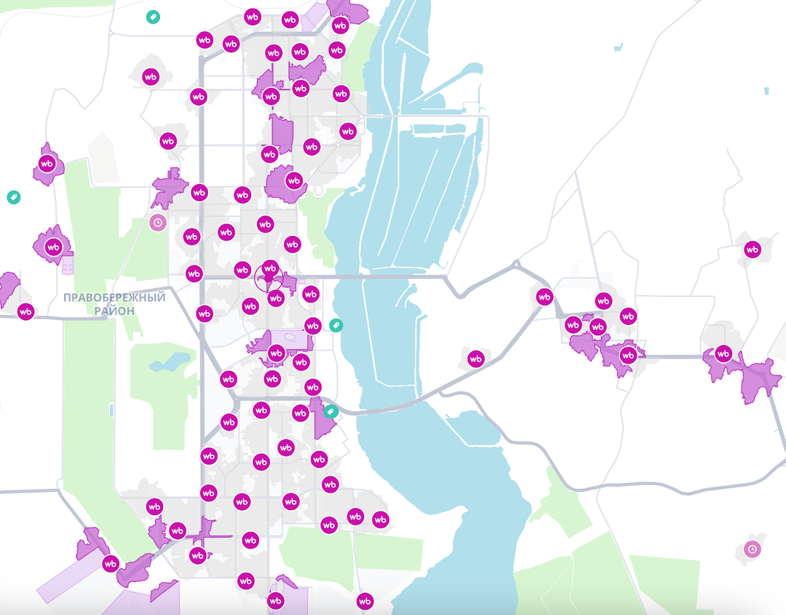 Например, в Магнитогорске во многих местах открыть пункт выдачи Wildberries уже нельзя. Доступные участки отмечены фиолетовым цветом. Источник: wildberries.ru