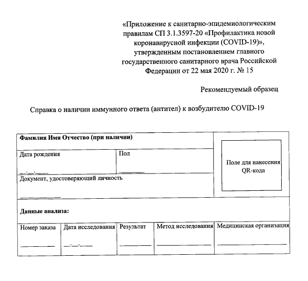 Пример сертификата с QR⁠-⁠кодом после анализа на антитела. Опубликован в постановлении главного санитарного врача России
