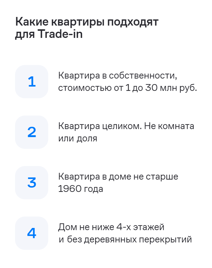 Вот пример требований к покупаемой квартире от одного из крупнейших застройщиков — ГК «Самолет». Девелопер не возьмет в зачет квартиру в доме старше 1960 года или стоимостью более 30 млн