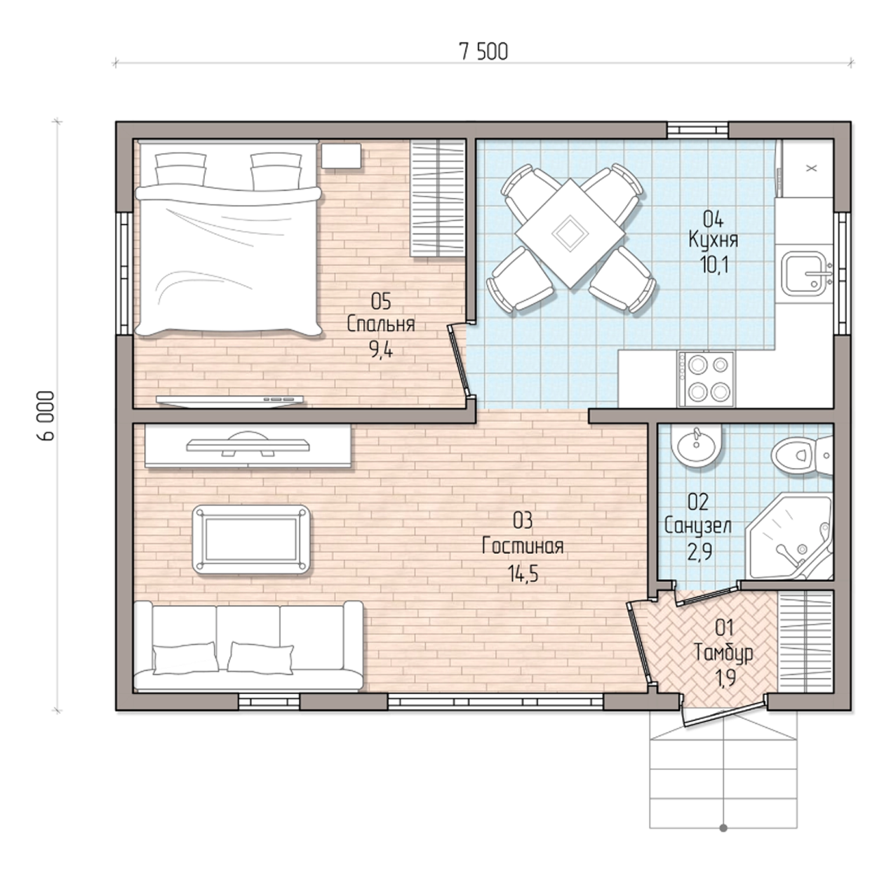 При заявленных габаритах дома 6 × 7,5 м трудно рассчитывать на что-либо другое — хоромы никто и не обещал